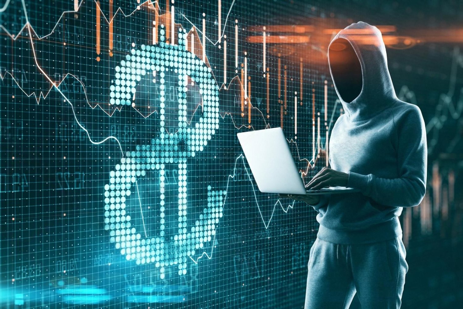 Hooded figure at a laptop against a dollar sign and market chart, representing financial crime risks that continuous AML monitoring targets