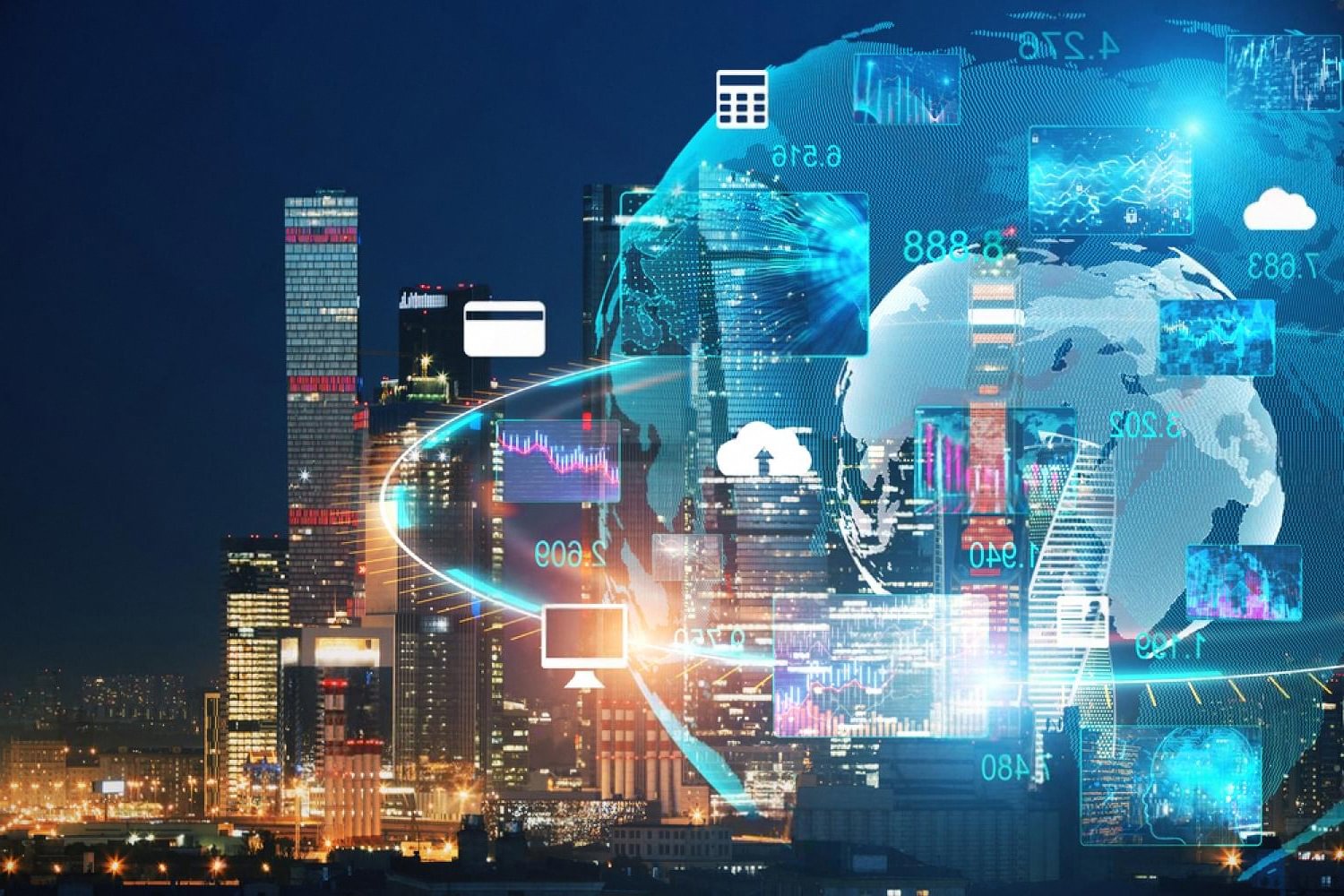 Global cityscape with data icons and a digital globe, illustrating cross-border transaction monitoring for UAE compliance teams