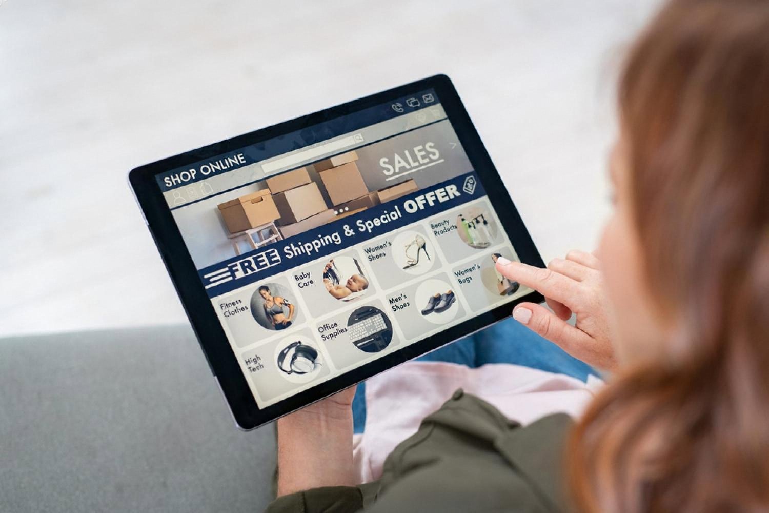 Shopper browsing a rental marketplace on a tablet, tapping a category tile